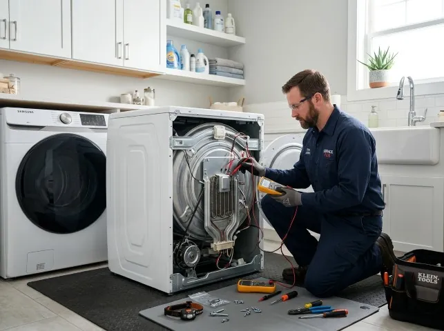 Appliance Repair Hero technician checking a dryer heating element with the rear panel off in Alice, TX