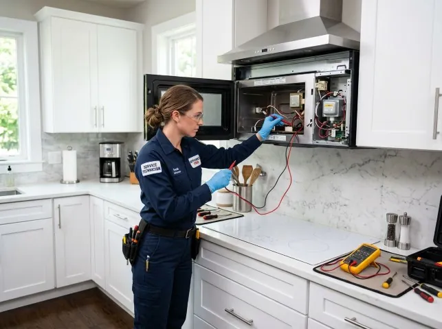 Appliance Repair Hero technician testing an over-the-range microwave in a Alice, TX kitchen