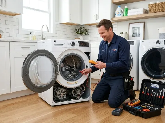 Appliance Repair Hero technician testing a front-load washer with a multimeter on a Alice, TX service call